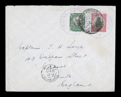 S.G. C4, Tristan Da Cunha large violet handstamp, Cachet IV, an unusual prepaid cover with 12p Dark green and black and 1p Carmine and black South African franking tied by two
light but readable strikes of the type IV cachet, addressed to Eng
