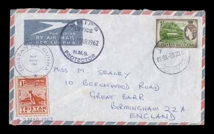 1962 Royal Society Expedition volcanic relief cover, 1- Tristan Da Cunha adhesive tied by Capetown paquebot cancel of March 16, 1962, bold Ships OfficeH.M.S. Protector20 Mar
1962 handstamp, 1p Red potato stamp local tied by Royal Society Tri