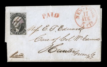9X1, New York, N.Y. 5c Black Postmaster Provisional, signed ACM connected, single with four full to mostly large margins, strong color and impression, cancelled by two neat pen
strokes on 1845 folded letter to Hunter, N.Y., red New York5 cts.