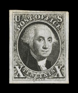 2, 10c Black, an immensely rare unused example, being the line through face variety, four large to very large margins, strong color and an especially crisp impression, mild
horizontal crease at top almost entirely in the margin, the PSE certif