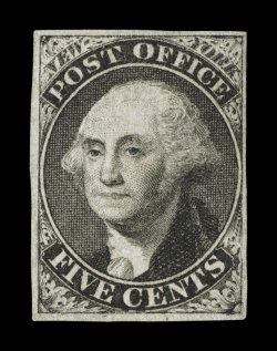 9X1e, New York, N.Y. 5c Black Postmaster Provisional, without signature, position 29, showing a double transfer, a rare unused example, with full to large margins all around,
strong color and a finely detailed impression, without gum as always,