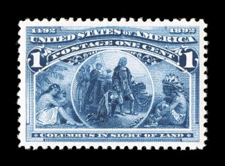 230, 1c Columbian, extraordinarily well centered within large balanced margins, brilliantly rich color and a razor-sharp impression on pristine white paper, unblemished o.g.,
n.h., an extremely fine gem 1999 PF certificate and a 2006 PSE certif