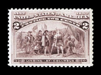 231 var., 2c Columbian, broken hat variety, uncommonly well centered within exceptionally large margins, rich color, o.g., n.h., extremely fine 2003 PSE certificate (XF 90 SMQ
$485.00).