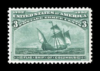 232, 3c Columbian, excellent centering, wonderfully fresh, unblemished o.g., n.h., extremely fine 1996 PF certificate and a 2006 PSE certificate (XF 90 SMQ
$420.00).