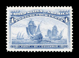 233, 4c Columbian, an extraordinarily choice mint example, featuring extravagantly large margins all around and being marvelously well centered within them, fresh powder blue
color on crisp white paper, immaculate o.g., n.h., an extremely fine