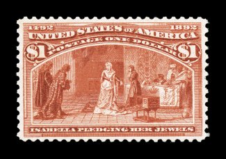 241, $1.00 Columbian, a marvelous mint example, being in an overall quality that is rarely encountered on any of the Dollar Value Columbians, featuring deep fiery color and a
vivid impression, plus it is extraordinarily well centered, pristine