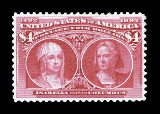 244, $4.00 Columbian, uncharacteristically well centered, bright fresh color, o.g., relatively lightly hinged, extremely fine 1978 PF certificate.