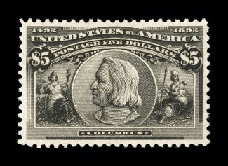 245, $5.00 Columbian, exceedingly well centered and margined, especially strong color and a detailed impression, o.g., lightly hinged, light natural gum bend, extremely fine a
handsome example of this popular commemorative clear 1991 PF certif