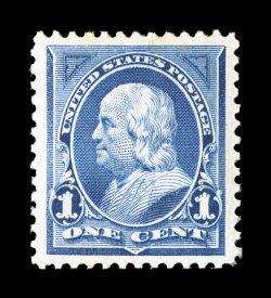 247, 1c Blue, an extraordinary quality mint single, boasting enormously large and beautifully balanced margins all around, deep luxuriant color on fresh paper, pristine o.g.,
n.h., an extremely fine gem in every regard 2000 PF certificate and a