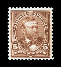 255, 5c Chocolate, pristine mint single, brilliantly rich color and a crisp detailed impression on fresh white paper, well centered within exceptionally large margins,
immaculate o.g., n.h., choice very fine photocopy of a 1996 PF certificate f