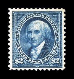 262, $2.00 Bright blue, well centered within much larger margins than typically associated with this stamp, deeply rich color and a well incised impression, o.g., lightly
hinged, choice very fine 2002 PF certificate.