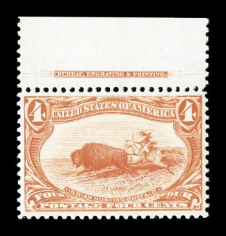 287, 4c Trans-Mississippi, gem top margin imprint single, extraordinarily well centered and margined, gorgeous bright color and a vivid impression, flawless o.g., n.h.,
extremely fine.