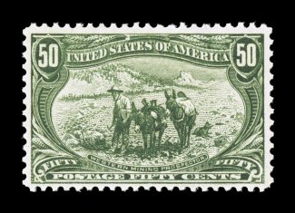 291, 50c Trans-Mississippi, magnificently fresh mint example, possessing an extraordinary overall brilliance and crispness not often encountered on this value, strikingly
intense color in a deep shade, plus its impression is highly detailed on b