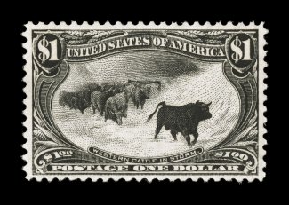 292, $1.00 Trans-Mississippi, nicely centered although reperforated at right, deep color and impression on bright paper, o.g., lightly hinged, very fine appearance 2007 PF
certificate.