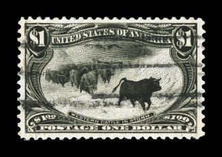 292, $1.00 Trans-Mississippi, a fabulous used single, featuring near perfect centering amid uncommonly wide margins, deep intense color and a highly detailed impression on fresh
white paper, lightly cancelled, extremely fine a truly gem used On