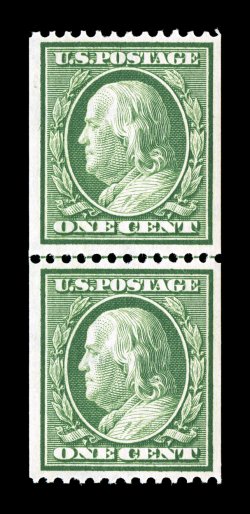 348, 1c Green coil, perf. 12 horiz., guide line pair, uncommonly well centered and margined, fresh color and paper, pristine o.g., n.h., extremely fine 1990 PF certificate for
the strip of six from which this came.