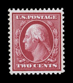 358, 2c Carmine on bluish paper, marvelously well centered and margined all around, deep luxuriant color, o.g., n.h., extremely fine and quite choice 1996 PF certificate for a
block of four, this being the top left stamp, and a 2006 PSE certifi