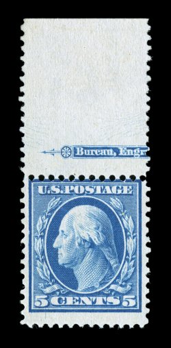 361, 5c Blue on bluish paper, top margin partial imprint single, with a huge sheet selvage, wonderfully fresh color, o.g., barest trace of hinging (if any), fine a very scarce
stamp 1971 PF certificate.