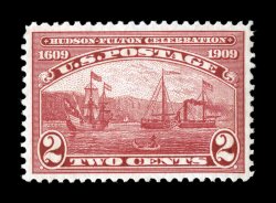372, 2c Hudson-Fulton, beautifully centered within extravagantly large margins which are most uncharacteristic of this stamp, radiant color, immaculate o.g. without a single gum
bend or skip, n.h., extremely fine gem 2006 PSE certificate (XF-Su