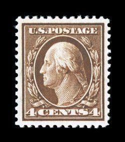 377, 4c Brown, exceedingly well centered within large margins, strong rich color and a well defined impression, flawless o.g., n.h., extremely fine a highly select example 2003
PSE certificate (XF-Superb 95 SMQ $1,000.00).