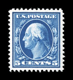378, 5c Blue, a marvelous mint example that features outstanding centering within wide margins, but just as impressive is the stamps gorgeous prooflike color and impression on
immaculate white paper, unblemished o.g., n.h., superb a stamp with