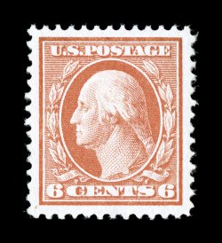 379, 6c Red orange, a most impressive mint single, featuring extravagantly large and wonderfully well balanced margins all around, bright fresh color on clean white paper,
unblemished o.g., n.h., an extremely fine large-margined gem 1997 PF cer