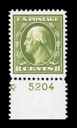 380, 8c Olive green, a fabulous quality bottom margin plate no. 5204 single, outstanding centering within particularly large margins, beautiful rich color and a well incised
impression on brilliantly fresh paper, pristine o.g., n.h., an extremel
