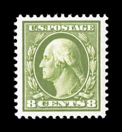 380, 8c Olive green, an impressively large-margined mint single, possessing enormous margins all around and being exceedingly well centered within them, plus its color is
especially deep and rich, pristine o.g., n.h., extremely fine a striking