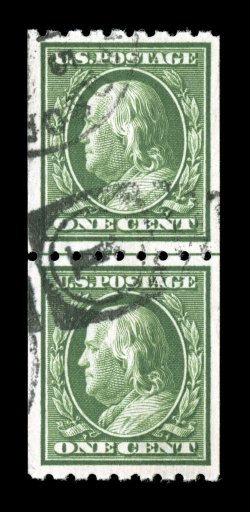 390, 1c Green coil, perf. 8 12 horiz., used guide line pair, outstanding centering within unusually wide margins, deep luxuriant color and a razor-sharp impression, neat duplex
cancel extremely fine despite its relatively modest catalog value