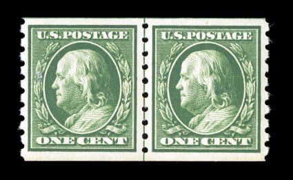392, 1c Green coil, perf. 8 12 vert., select guide line pair, wonderfully fresh with deep luxuriant color, excellent centering, o.g., n.h., extremely fine 1982 and 1992 PF
certificates ex-Morris.