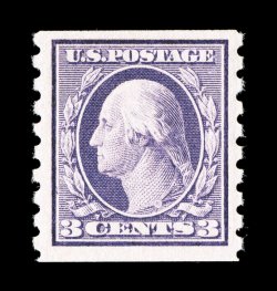 394, 3c Deep violet coil, perf. 8 12 vert., huge margins all around, wonderfully well centered, bright fresh color, o.g.., n.h., extremely fine photocopy of a 1990 PF
certificate for a strip of four from which this stamp was taken, as well as