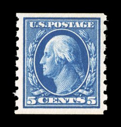 396, 5c Blue coil, perf. 8 12 vert., exceptionally well centered within large margins, deep color and a strong impression, o.g., n.h., extremely fine 1999 PF
certificate.