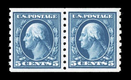 396, 5c Blue coil, perf. 8 12 vert., mint pair, extraordinarily bright and fresh, exceptionally well centered within wide margins, o.g., n.h., extremely fine 1996 PF certificate
and a 2005 PSE certificate (XF 90 SMQ $720.00).