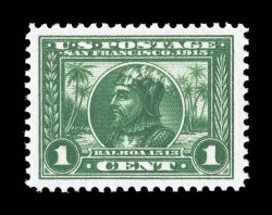 397, 1c Panama-Pacific, a visually striking mint single, possessing deep prooflike color and impression on the whitest paper imaginable, in addition it is marvelously well
centered within remarkably large margins, pristine o.g., n.h., an extreme