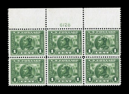 397, 1c Panama-Pacific, an especially choice full top margin plate no. 6128 block of six, remarkably well centered and margined, throughout, rich luxuriant color and a
razor-sharp impression on bright white paper, o.g., n.h., extremely fine.