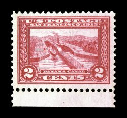 398, 2c Panama-Pacific, bottom sheet-margin single, exceptionally well centered within lavishly large margins, bright fresh color, pristine o.g., n.h., extremely fine 2004 PSE
certificate (XF 90 Jumbo SMQ $135.00 for 90 and $455.00 for 95).