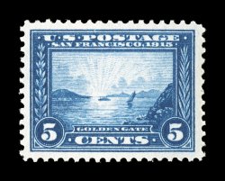 399, 5c Panama-Pacific, excellent centering within large margins, deeply rich color and a well incised impression on bright paper, o.g., n.h., light perf. disc indentation,
extremely fine 2007 PSE certificate (VF-XF 85 SMQ $305.00).