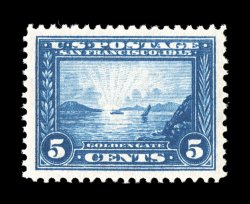 399, 5c Panama-Pacific, incredibly well centered within large margins, deep rich color and a strong impression on bright paper, o.g., lightly hinged, extremely fine 2007 PSE
certificate (Superb 98 SMQ $500.00).