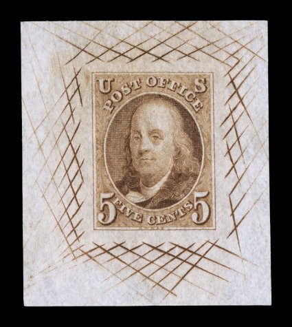 1P1c, 5c Red brown, large die proof on pale pink bond, an extraordinarily handsome example of this rare proof, measuring 36x41mm and showing nearly complete crosshatching
surrounding the impression, extremely fine rare in this select quality wi