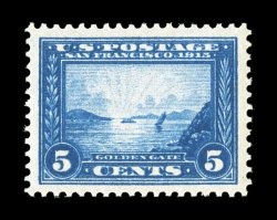 399, 5c Panama-Pacific, exceedingly well centered within lavishly large margins, deep intense color and impression, o.g., lightly hinged, extremely fine 2006 PSE certificate
(XF-Superb 95 SMQ $250.00).