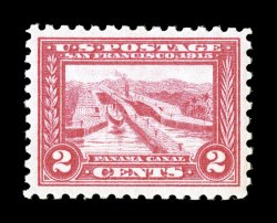402, 2c Panama-Pacific, perf. 10, especially well centered within larger margins than typically encountered on this stamp, bright and fresh, o.g., n.h., extremely fine 2007 PF
certificate (XF 90 SMQ $475.00).