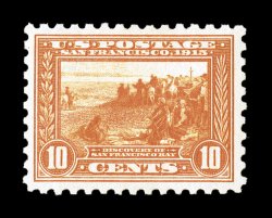 404, 10c Panama-Pacific, perf. 10, a most impressive mint example of this scarce commemorative, being wonderfully well centered within large balanced margins, deep vibrant color
and an excellent impression on fresh white paper, immaculate o.g.,