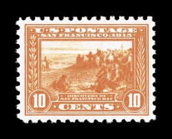 404, 10c Panama-Pacific, perf. 10, a remarkably fresh mint example of this key commemorative, with dazzling bright color and a vivid impression on immaculate white paper, plus
it is extraordinarily well centered and margined, o.g., n.h., extreme