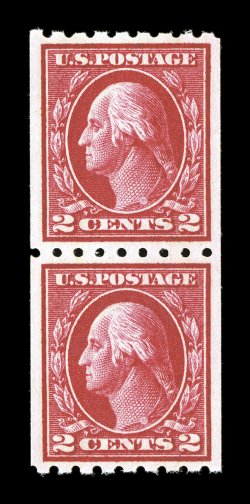 411, 2c Carmine coil, Ty. I, perf. 8 12 horiz., an eye-catching mint pair, featuring dazzling color that could not be more deep and radiant, prooflike impression as well,
excellent centering within large margins, o.g., n.h., extremely fine 199