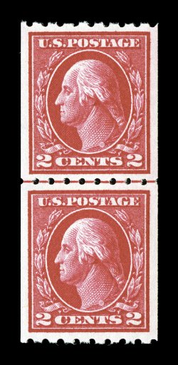 411, 2c Carmine coil, Ty. I, perf. 8 12 horiz., choice guide line pair, strikingly intense color and impression on brilliantly white paper, especially well centered within large
margins, pristine o.g., n.h., extremely fine 1985 PF certificate.