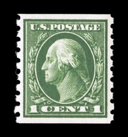 412, 1c Green coil, perf. 8 12 vert., excellent centering, deep rich color and a well defined impression, unblemished o.g., n.h., extremely fine a choice coil single 2004 PSE
certificate (XF-Superb 95 SMQ $225.00) ex-Elite.