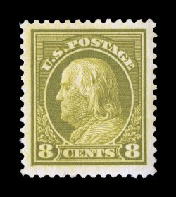 414, 8c Pale olive green, especially deep intense color and a razor-sharp impression, exceptionally well centered within extravagantly large margins, o.g., lightly hinged,
extremely fine encapsulated PSE certificate (XF-Superb 95 Jumbo SMQ $16