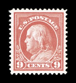415, 9c Salmon red, an incredibly fresh mint single, with gorgeous rich color and a marvelously detailed impression on pristine white paper, in addition it is exceedingly well
centered within large margins, immaculate o.g., n.h., an extremely fi