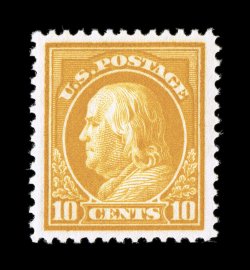 416, 10c Orange yellow, a beautiful mint single, featuring outstanding color that is especially deep and intense, plus it has a vivid impression on fresh white paper,
marvelously well centered within extravagantly large margins, unblemished o.g.