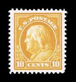 416, 10c Orange yellow, very well centered within lavishly large margins, deep intense color and impression, unblemished o.g., n.h., extremely fine 2000 PF certificate for the
plate block from which this came.